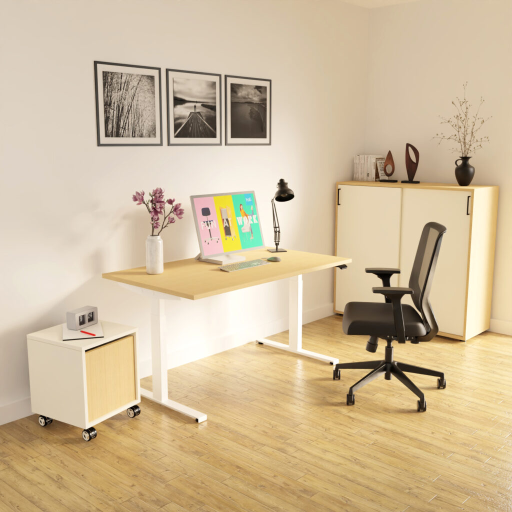 Homeoffice mit elektrisch höhenverstellbarem Schreibtisch s32 mit holzoptik Tischplatte und weißem Gestell