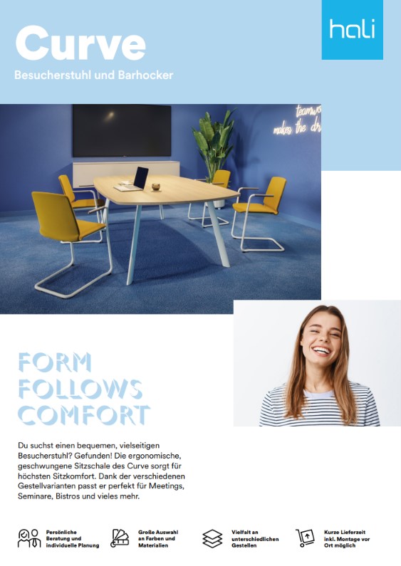 Moderne Besprechungsszene mit gelben Curve Besucherstühlen und Tisch im blauen Raum mit hali Branding