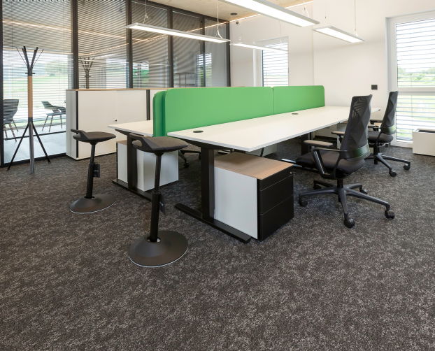 Helle Büroarbeitsplätze mit grünen Sichtschutzwänden, ergonomischen Stühlen und modernen Möbeln von hali bei Schöll-Bau GmbH.