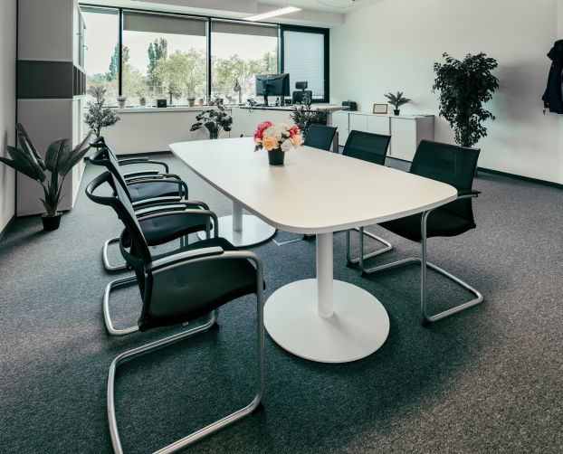 Einladender Besprechungsbereich im Büro mit ovalem Tisch und sechs Freischwingern